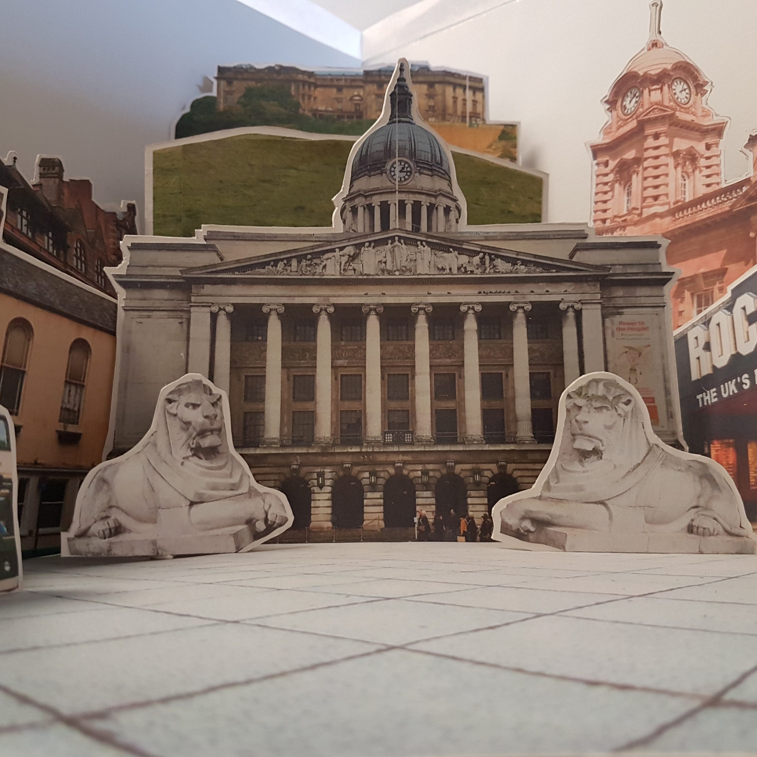a photograph of my nostalgic scene of Nottingham city centre showing the council house, the lions, Rock City and The Angel pub