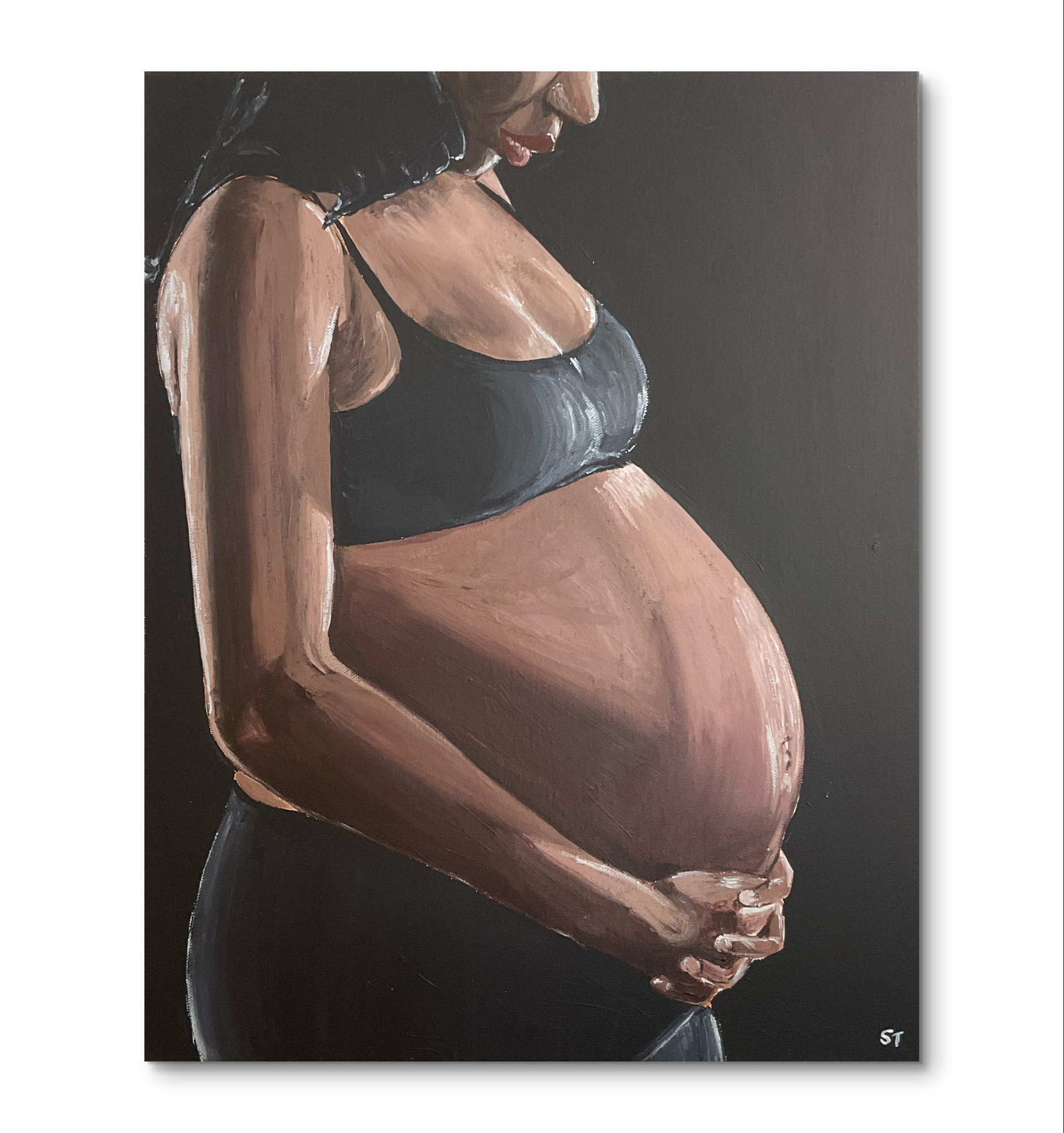 a painting of a black pregnant woman holding her stomach and gazing down at it