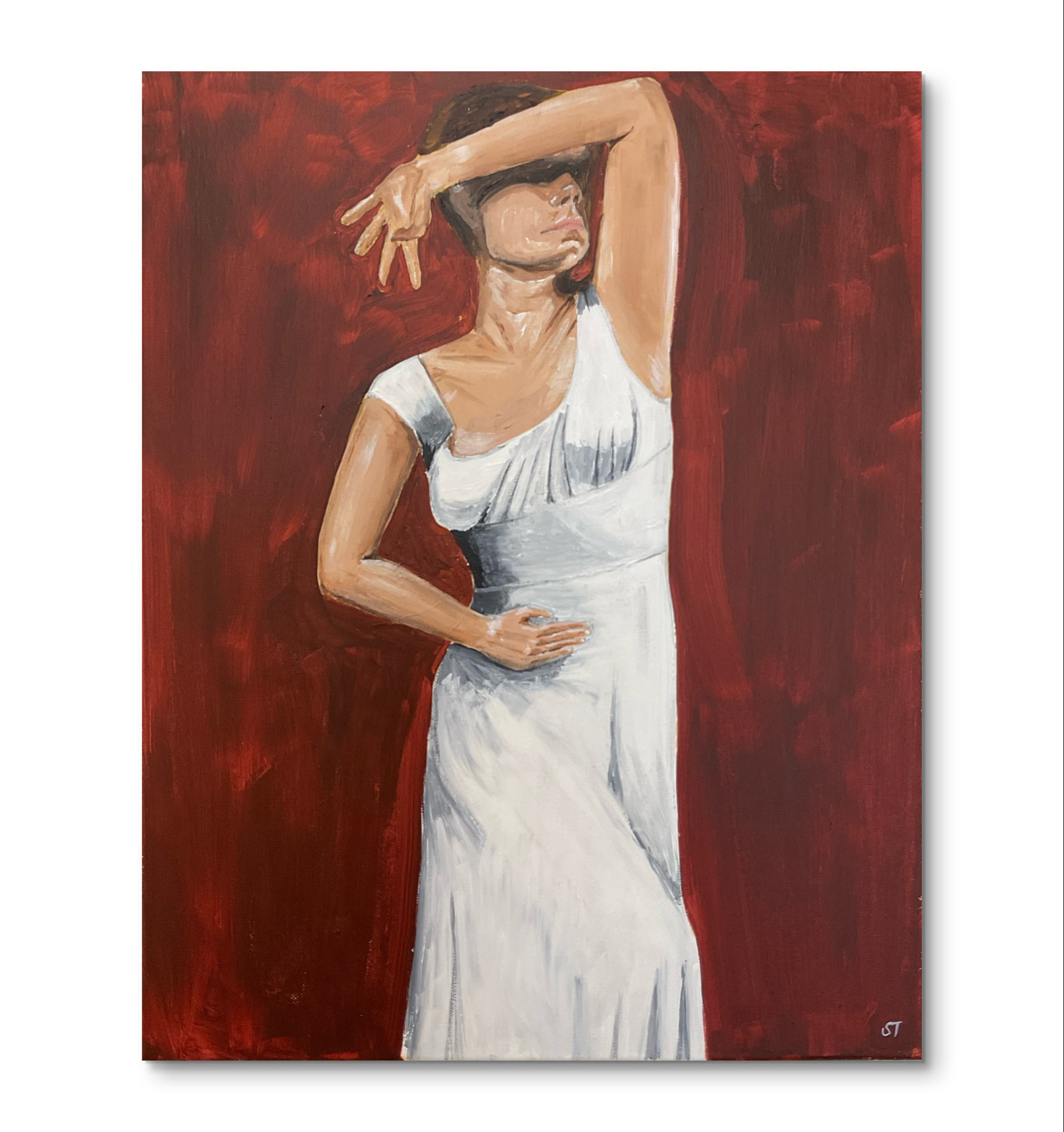 a painting of a Asian woman wearing a white dress hiding her face with her arm representing how woman often feel unseen and invisible in society