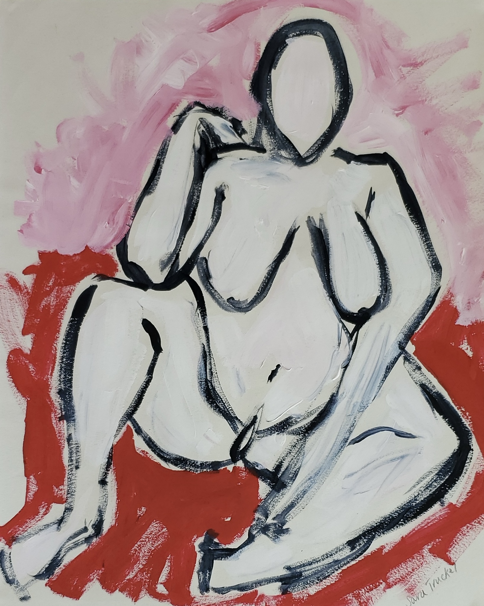 a painting of a black pregnant woman holding her stomach and gazing down at it