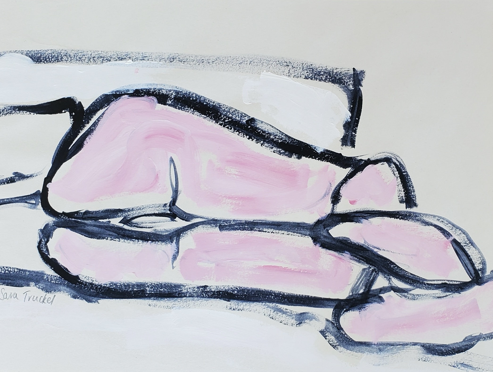 Loose painting of a woman lying down painted looking at her on the bed from her feet
