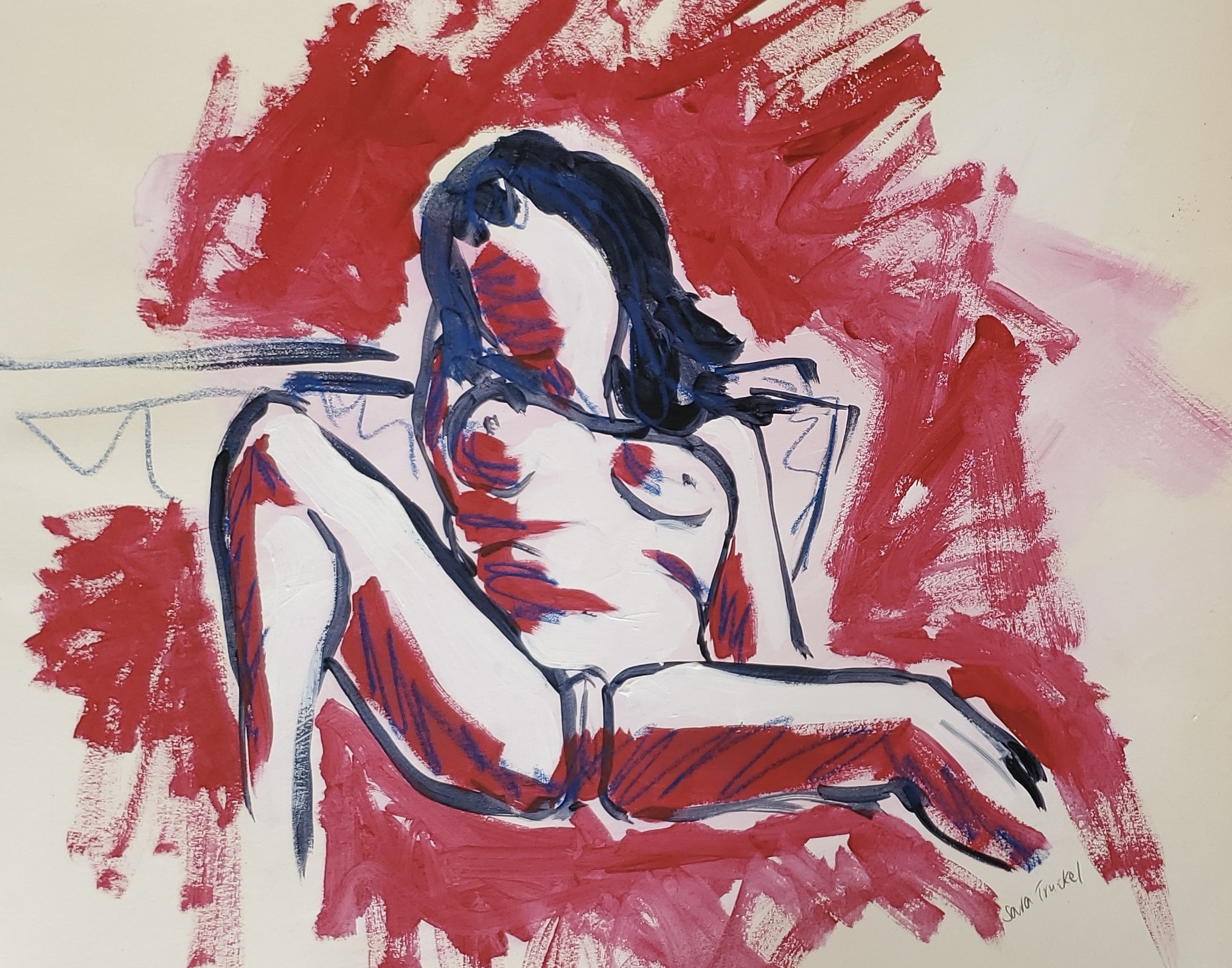 a painting of a woman sat in a foetal position representing how women can make themselves small to fit in or make others feel more comfortable.It also represents how women's voices can feel small in the world and how they sometimes struggle to take up their own space.